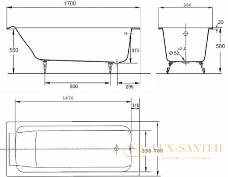 чугунная ванна jacob delafon parallel 170x70 e2947-s-00 (без противоскользящего покрытия)