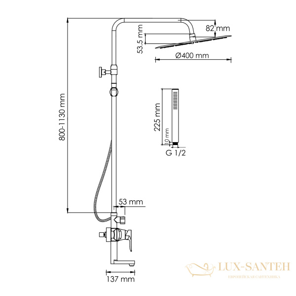 душевая система 400 мм wasserkraft a166.117.137.010.ch, хром