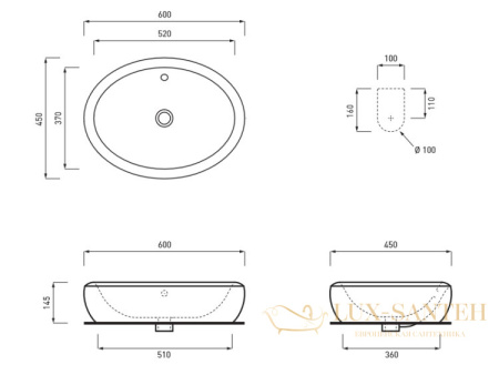 раковина накладная, cielo, fluid flla60 pm, 600х450х145h мм, без отверстия для смесителя, с переливом, pomice