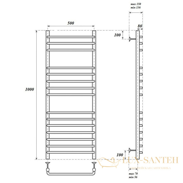 полотенцесушитель 500x1000 водяной point нептун премиум pn09150s п15, хром