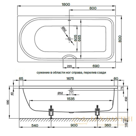ванна bette ocean 8856-000 plus 1800х800 мм перелив сзади, шумоизоляция, антигрязевое покрытие, белый