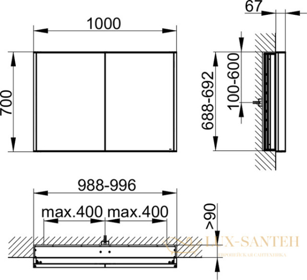 зеркальный шкаф keuco royal match,12813171301,с подсветкой, встраиваемый, 1000x700х149 мм, серебристый анодированный/зеркало
