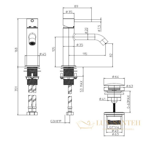 смеситель для раковины bossini teo z00701.073, c донным клапаном, черный матовый