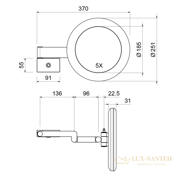 косметическое зеркало timo saona 15276/00, х-5 кратное увеличение, 220 в, холодный свет, с возможностью скрытого подключения, хром