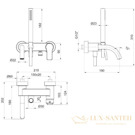 смеситель для ванны fantini al/23, 26 02 b015, настенный, излив 190 мм, хром