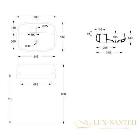 раковина накладная, alice nur, 33210108, 60*45, с отверстием под смеситель, черный матовый
