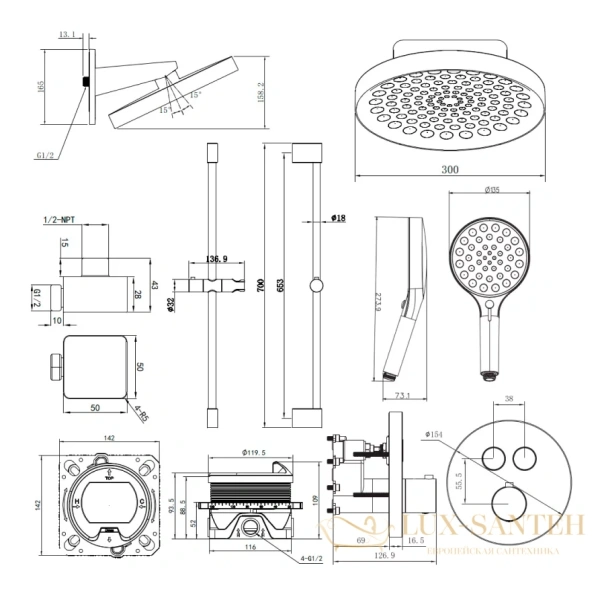 душевая система для душа встраиваемая aquame, aqm8403gm, с термостатом, оружейная сталь