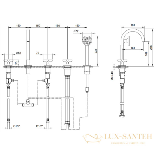 смеситель на борт ванны fantini icona classic, 53 02 r065, 5 отверстий, излив 160 мм, с ручным душем, хром