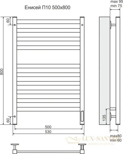 полотенцесушитель электрический terminus енисей 4670078526281 п9 500x700 тэн правый