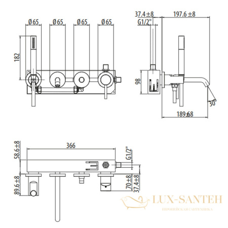 cмеситель встраиваемый для ванны gattoni circle two, 9105 х 91no, с душевым комплектом, черный матовый