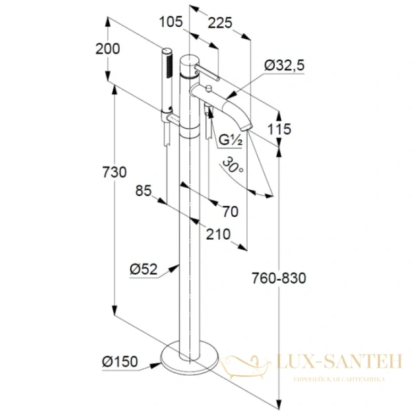 напольный смеситель kludi bozz 385903976 для ванны, черный матовый