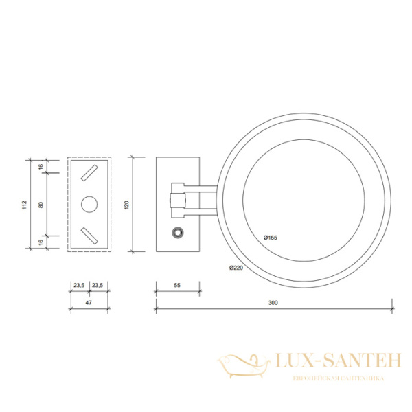 косметическое зеркало  подвесное 215 мм, decor walther bs 36/v led, 0122220, увеличение x5, золото