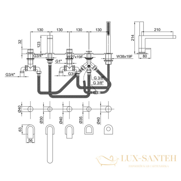 смеситель на борт ванны fantini mare, 51 02 6365, 5 отверстий, 2 источника, с ручным душем, излив 210 мм, хром