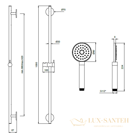 душевой гарнитур almar sliding rails set, e144065.ab, черный хром брашированный pvd