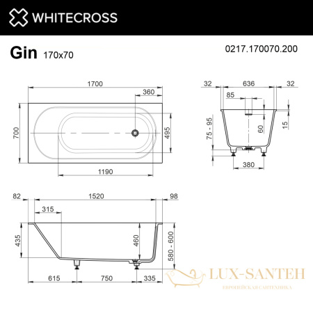 ванна whitecross gin 0217.170070.200, 170x70x60h, искуственный камень, белый матовый