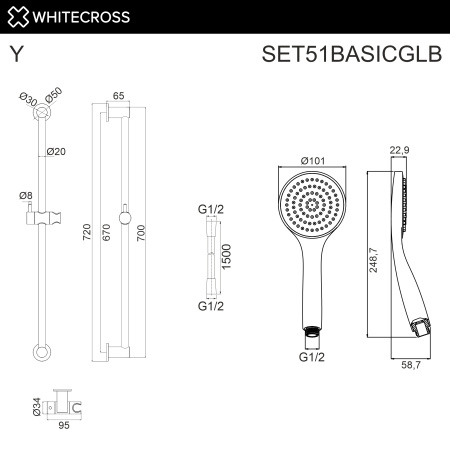душевой гарнитур на штанге whitecross, set51basicglb, золото брашированное