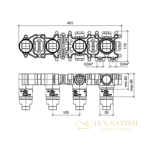 встраиваемая часть almar modular e169004, смесителя для ванны на 2 выхода, горизонтальный монтаж