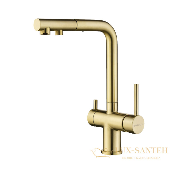 смеситель для кухни под фильтр с гибким изливом paulmark serpentine se213222-sbg, золото светлое брашированное