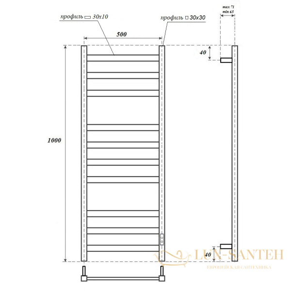 полотенцесушитель 500x1000 электрический point меркурий pn83850b п10, диммер справа, черный