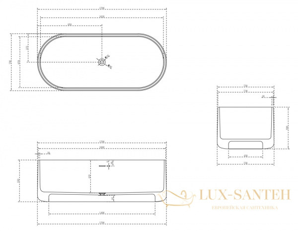 ванна свободностоящая из искусственного камня abber stein as9607, 170х75х55h см, белый матовый 