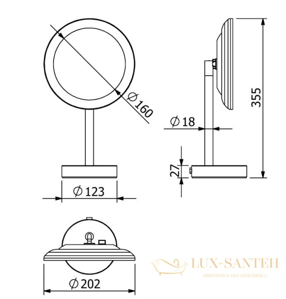 зеркало косметическое  kludi vela r 5899539f настольное, с led-подсветкой 4,5w, 3х кратное увеличение, черный матовый