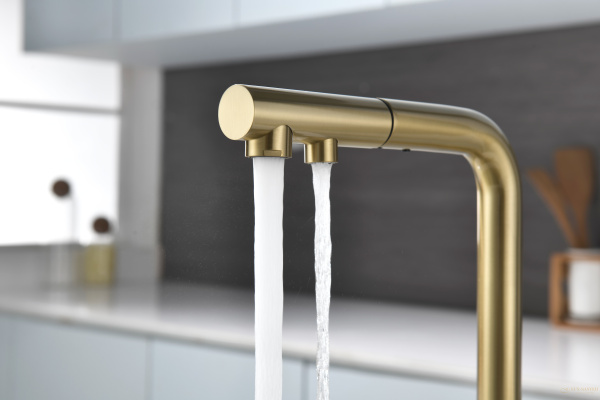 смеситель для кухни под фильтр с гибким изливом paulmark serpentine se213222-sbg, золото светлое брашированное