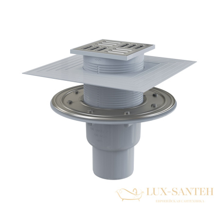 alcaplast сливной трап 105 × 105/50/75, подводка – прямая, решетка – нержавеющая сталь, фланец –нержавеющая сталь, воротник – 2–х уровневая изоляция,