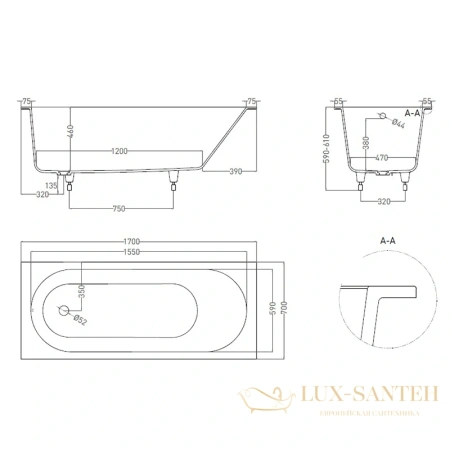 ванна salini ornella 102313g s-sense 170x70 см, белый