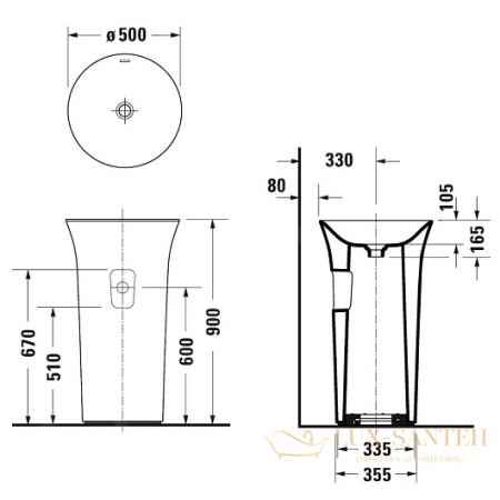 раковина напольная duravit white tulip 2702500070 ⌀ 500 мм выпуск в стену, белый