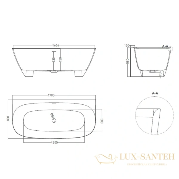ванна salini sofia 102522m s-stone 170x80 см, белый