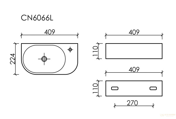 умывальник подвесной прямоугольный смеситель справа, белый ceramica nova element 400*215*120мм 605*385*140мм cn6066l