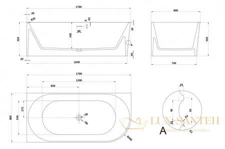 ванна угловая из искусственного камня abber stein as9651 l, левосторонняя, 170х80х55h см, белый матовый 