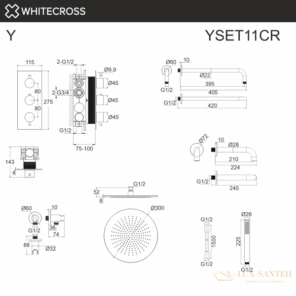 термостатическая система для ванны скрытого монтажа whitecross y yset11cr, хром