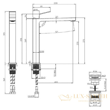 смеситель для раковины 313 мм bossini aki z00709.073, c донным клапаном, черный матовый