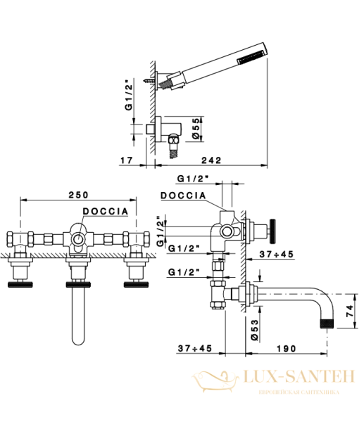 смеситель для ванны встраиваемый nicolazzi arena, 3303cr44, с изливом, на 4 отверстия, излив 190 мм, хром