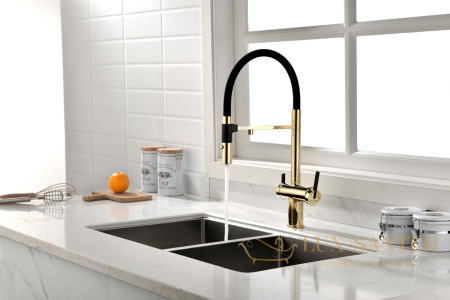 смеситель для кухни под фильтр с гибким изливом paulmark gravity gr213888-g, золото