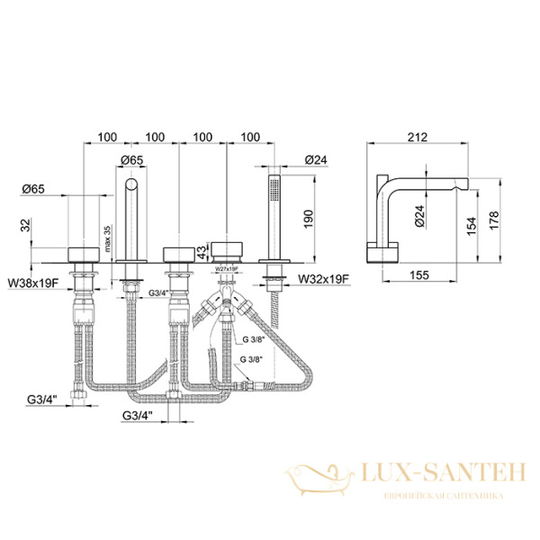 смеситель на борт ванны fantini af/21, 27 93 a265, 5 отверстий, с ручным душем, излив 155 мм, матовая сталь