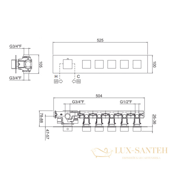 термостат встраиваемый carimali ilquadro, 21050est/o-cr, (внешняя часть), горизонтальный, 5 независимых выходов, хром