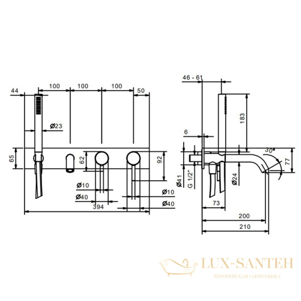 смеситель для ванны встраиваемый fantini nostromo, 50 93 e821b, с ручным душем, излив 200 мм, (наружняя часть), нержавеющая сталь