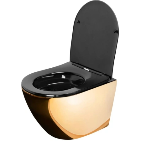 подвесной безободковый унитаз rea carlo mini rea-c8990 с сиденьем микролифт, золотой/черный глянец