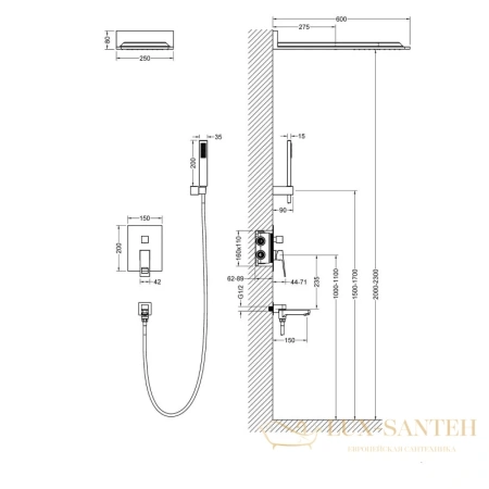душевой комплект timo briana sx-7119/03sm 325 мм, черный матовый