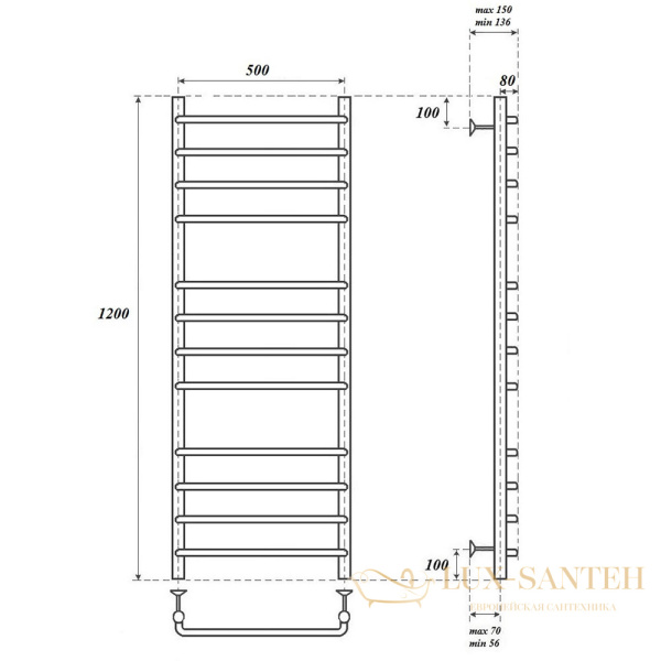 полотенцесушитель 500x1200 электрический point нептун pn09152e п12 левый/правый, хром