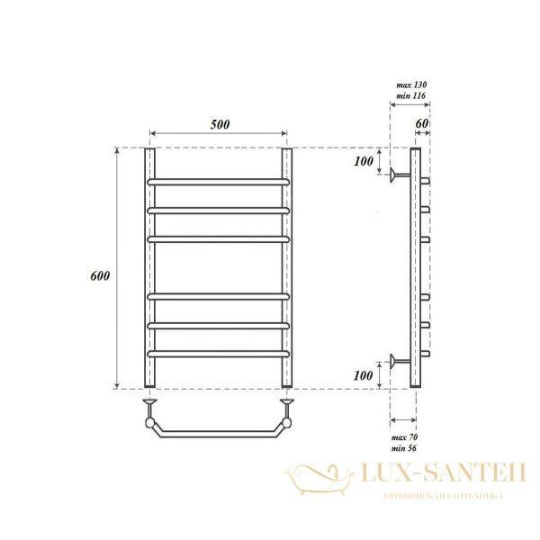 полотенцесушитель 500x600 электрический point венера pn07156e п6 левый/правый, хром