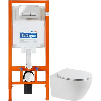 комплект подвесной унитаз belbagno prospero bb507b + bb1055sc + система инсталляции belbagno bb002-80 + bb005-pr-chrome, белый