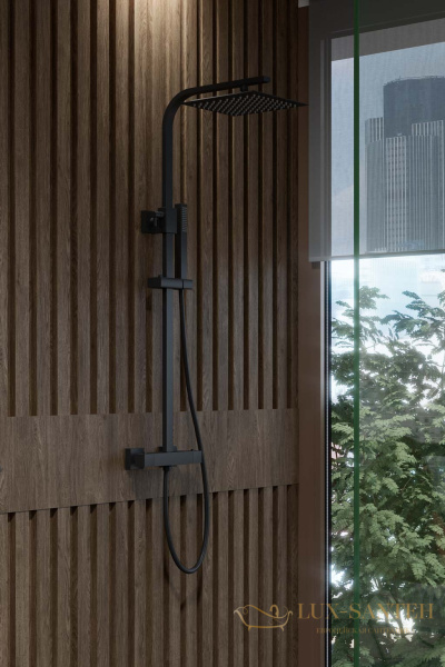 душевая колонна aqg qus 20quc25qud05 с термостатом и квадратным верхним душем 25х25 см, черный матовый