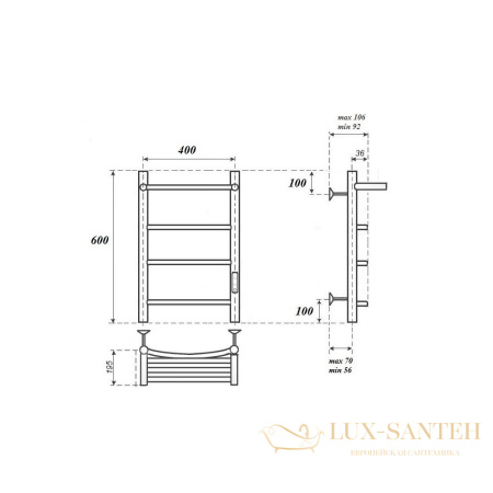 полотенцесушитель 400x600 электрический point афина pn04846pb п3 с полкой, диммер справа, черный