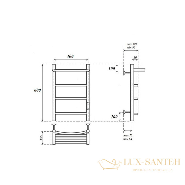 полотенцесушитель 400x600 электрический point афина pn04846pb п3 с полкой, диммер справа, черный
