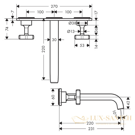 смеситель встраиваемый для раковины, axor citterio, 36115000, с донным клапаном (внешняя часть), хром
