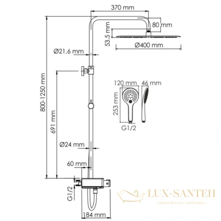 душевая система wasserkraft aller a113.117.155.ch thermo 400 мм, хром/белый