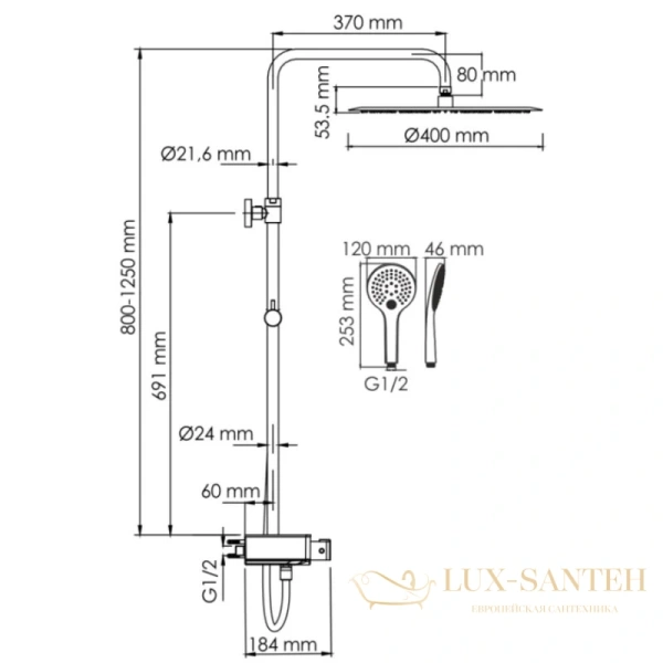 душевая система wasserkraft aller a113.117.155.ch thermo 400 мм, хром/белый